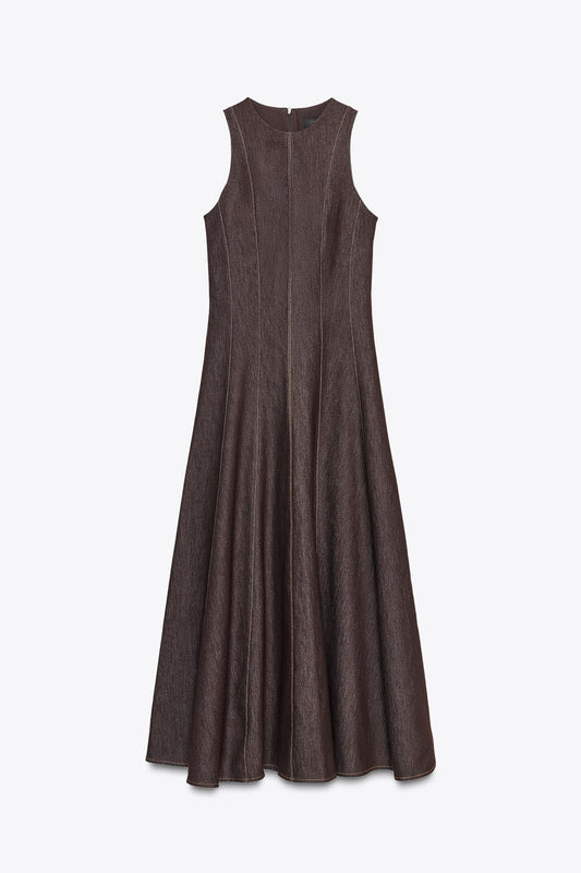 Contrast Topstitching Midi Dress
