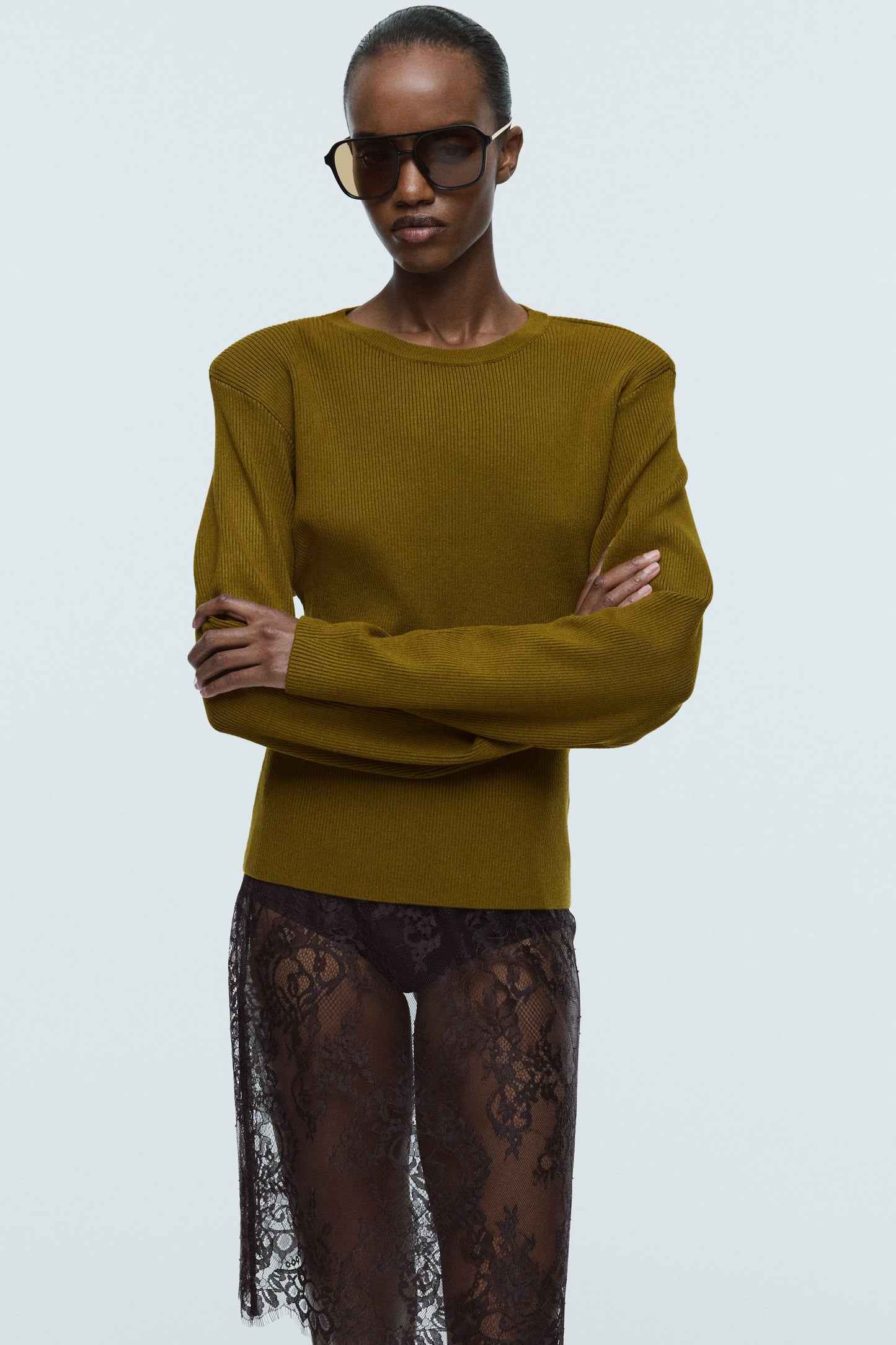 Rib-knit shoulder-pad top