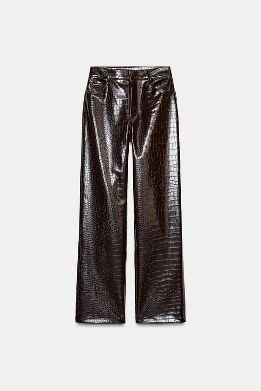 Animal Embossed Faux Leather Straight Trousers