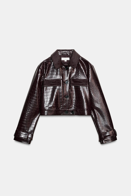 Short Animal Embossed Faux Leather Jacket