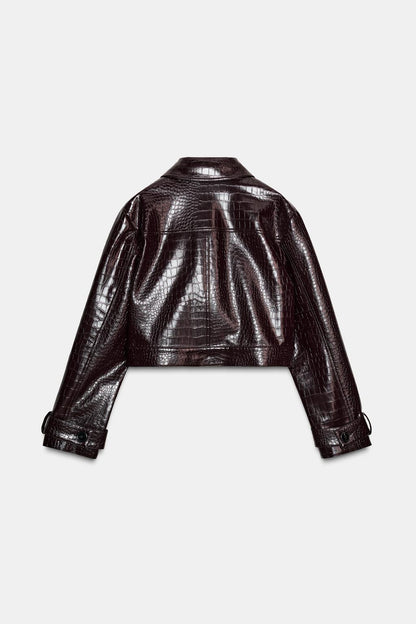 Short Animal Embossed Faux Leather Jacket
