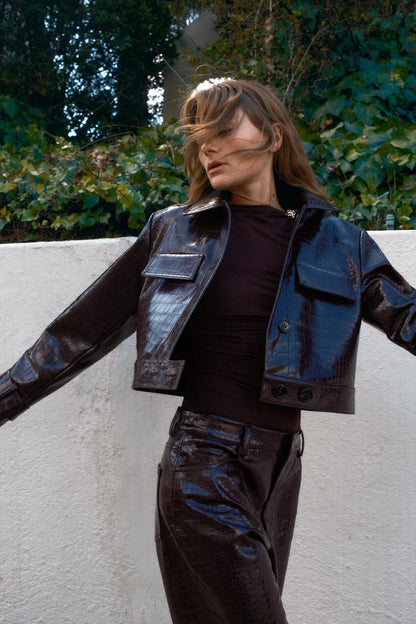 Short Animal Embossed Faux Leather Jacket
