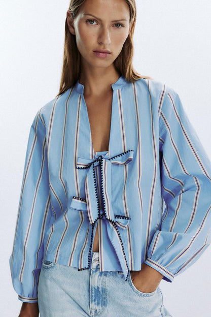 Striped Poplin Shirt with Ties