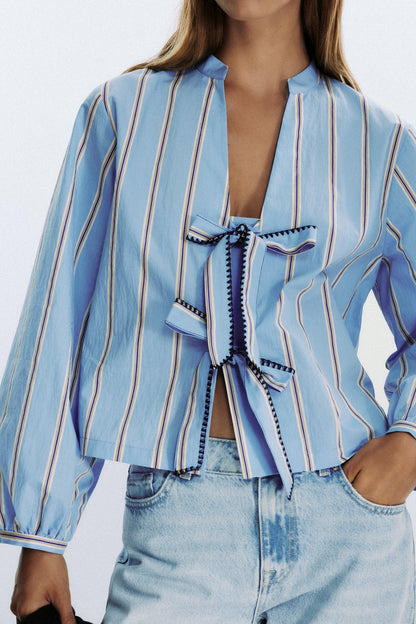 Striped Poplin Shirt with Ties