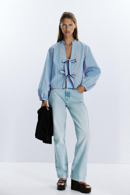 Striped Poplin Shirt with Ties