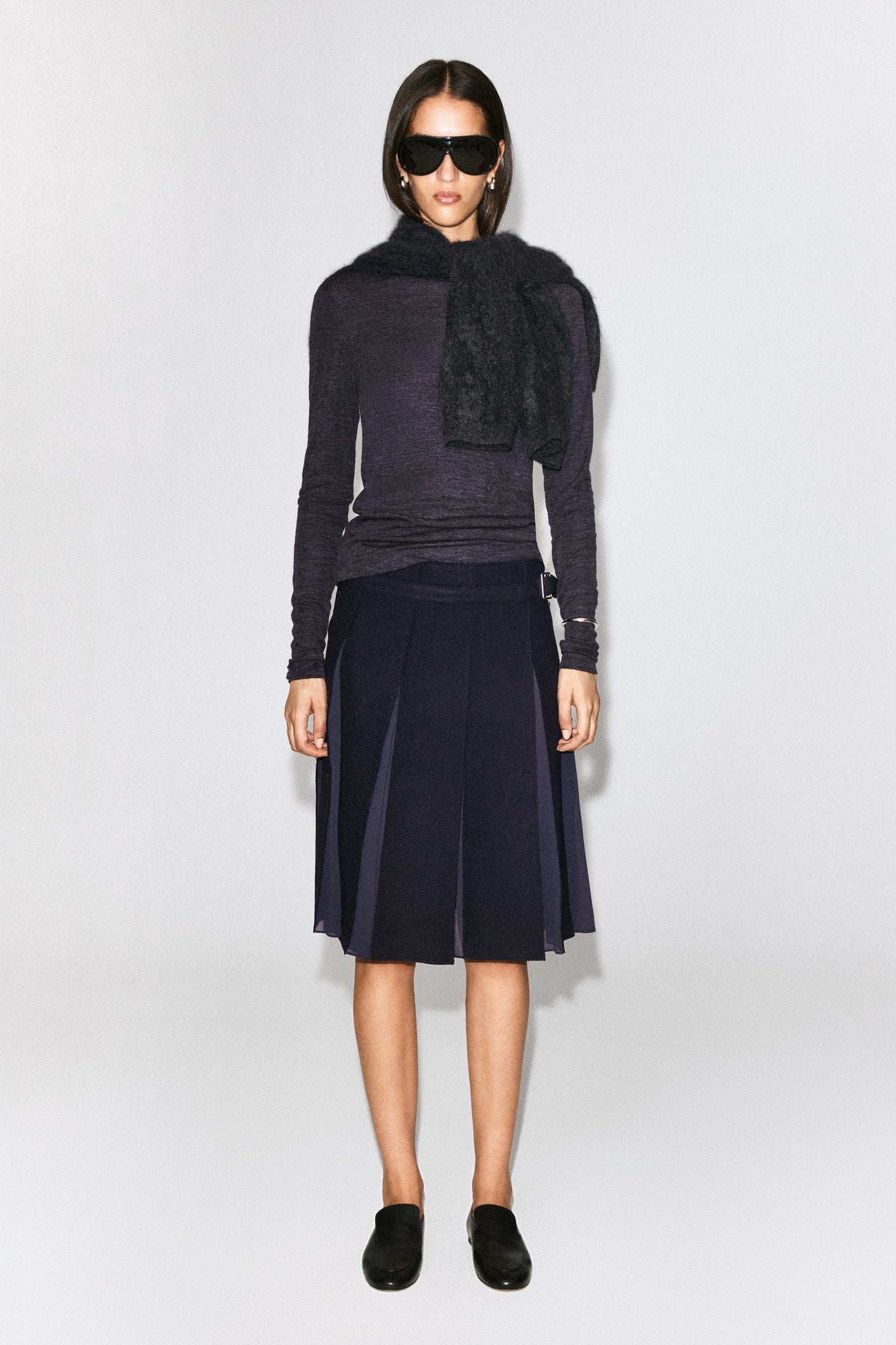 Belted Pleated Wool-Blend Skirt