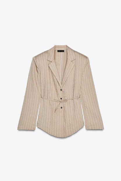 Striped Blazer with Thin Belt