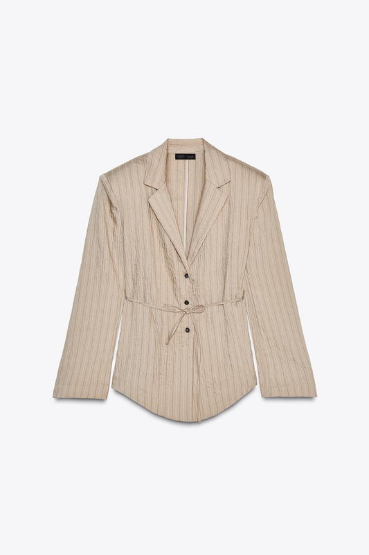 Striped Blazer with Thin Belt