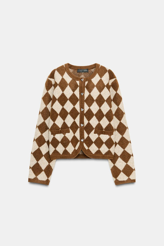 Jacquard Argyle Knit Cardigan