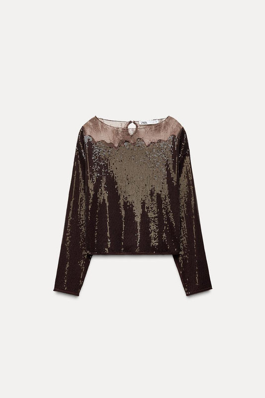 Lace-Trimmed Sequin Top