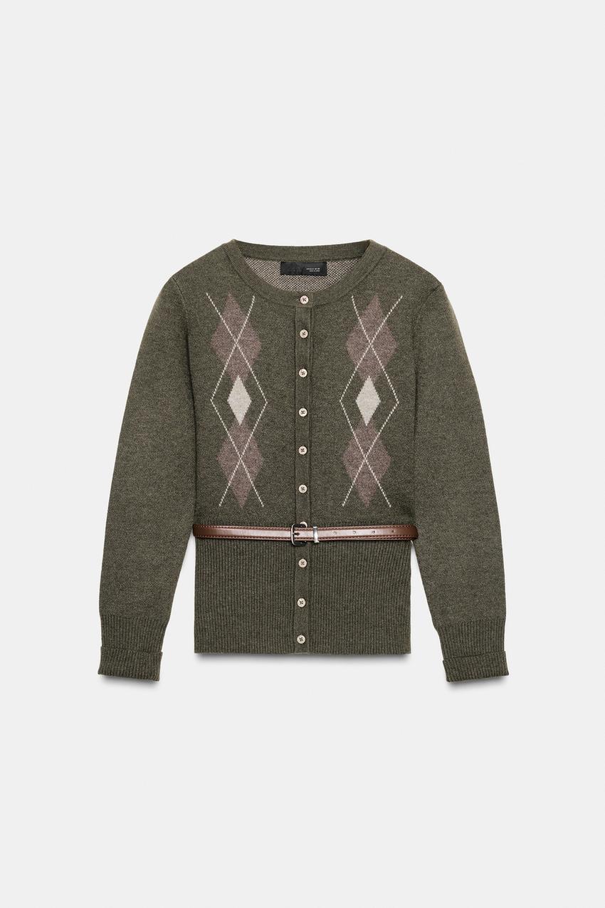 Diamond Knit Cardigan With Belt