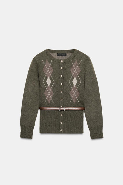 Diamond Knit Cardigan With Belt