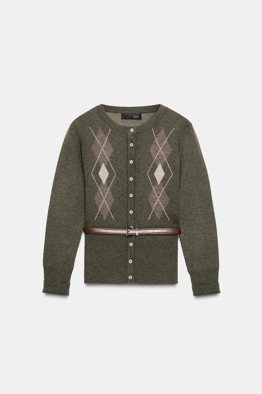 Diamond Knit Cardigan With Belt