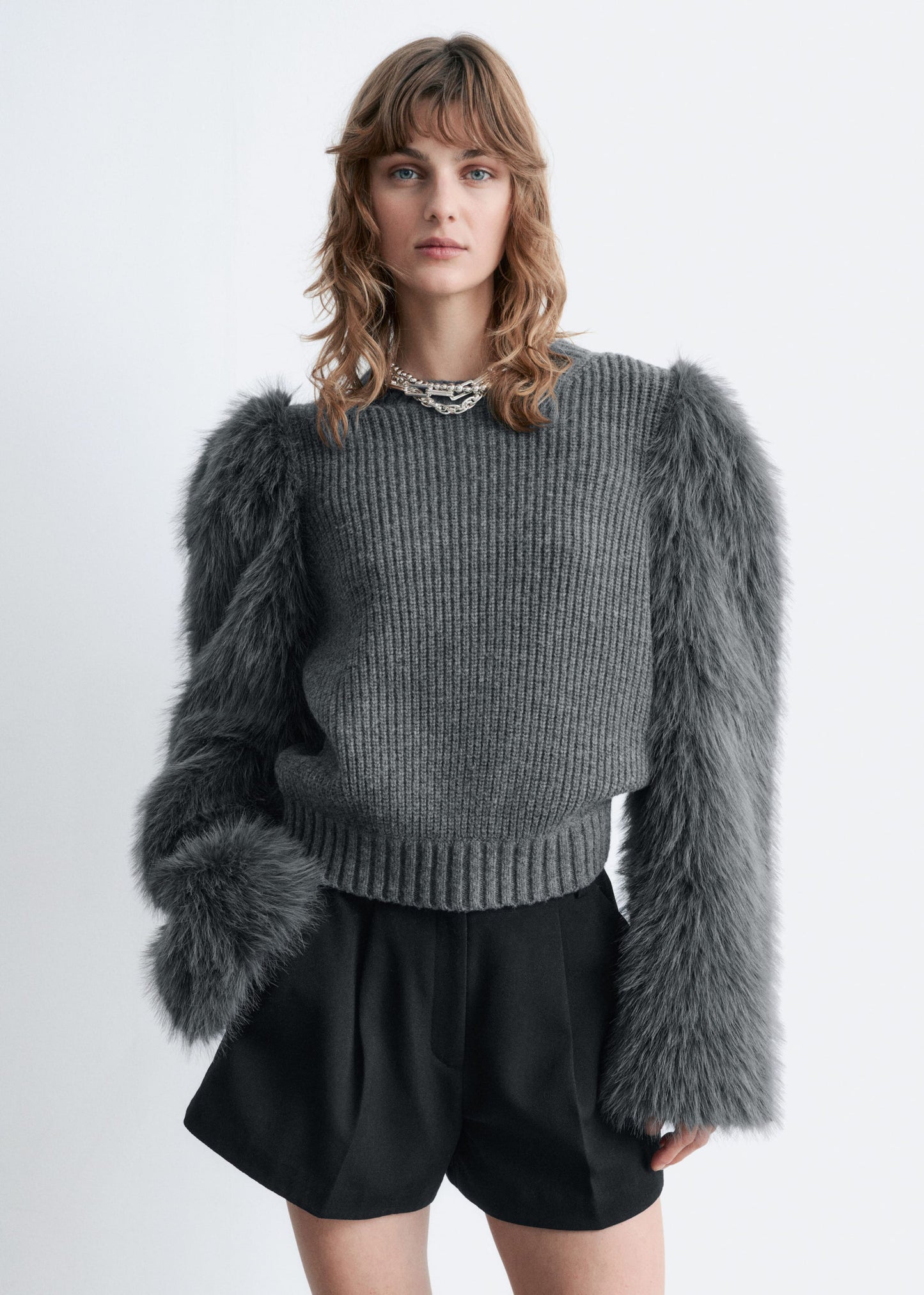 Faux Fur-Sleeve Wool Jumper
