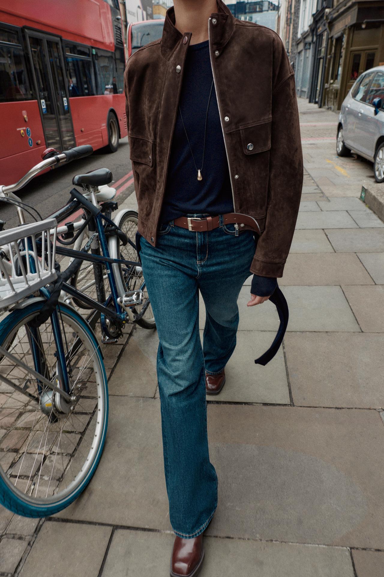 Suede Leather Bomber Jacket With Pockets