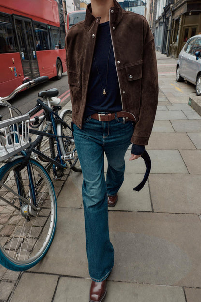 Suede Leather Bomber Jacket With Pockets
