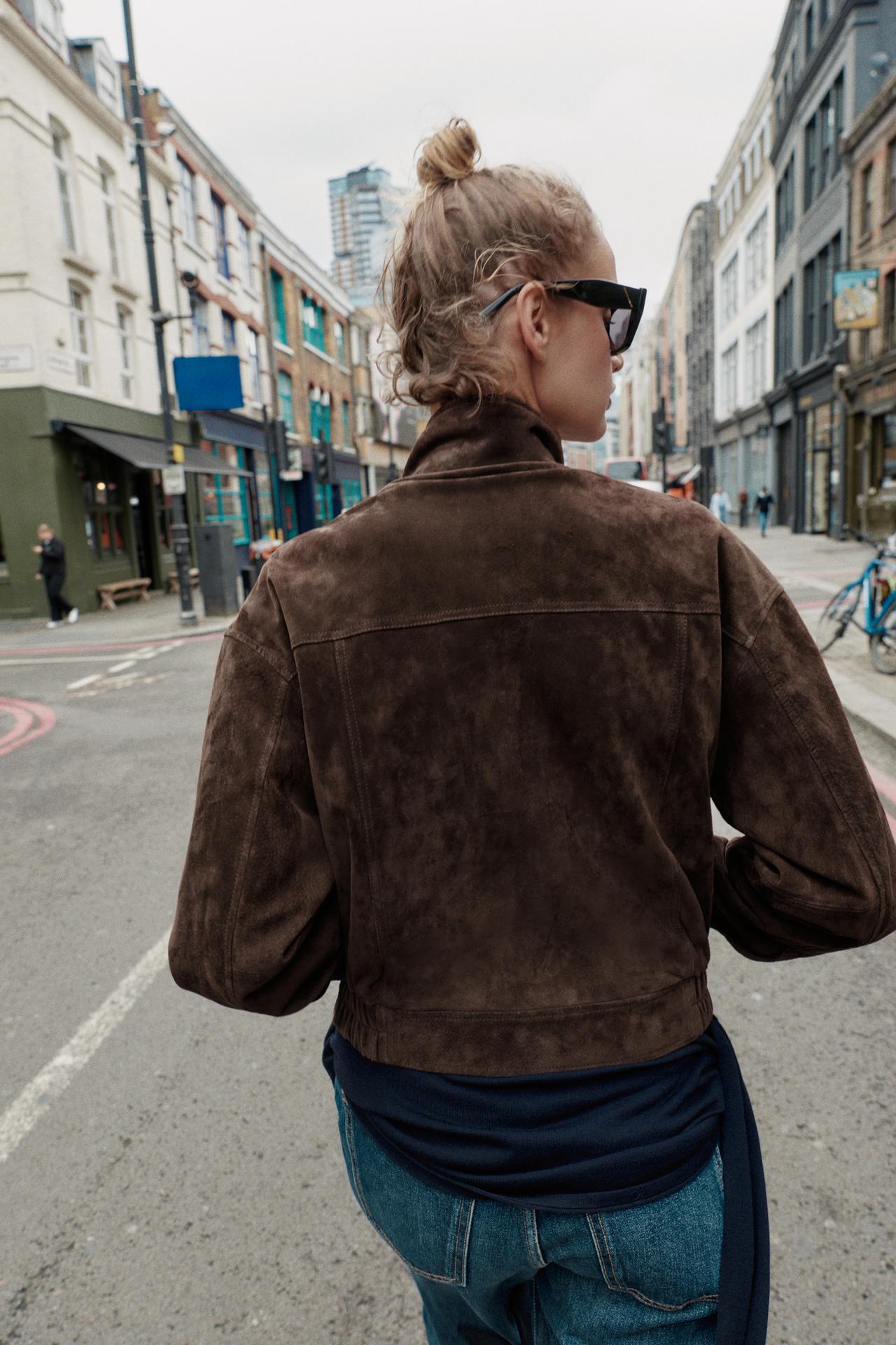 Suede Leather Bomber Jacket With Pockets