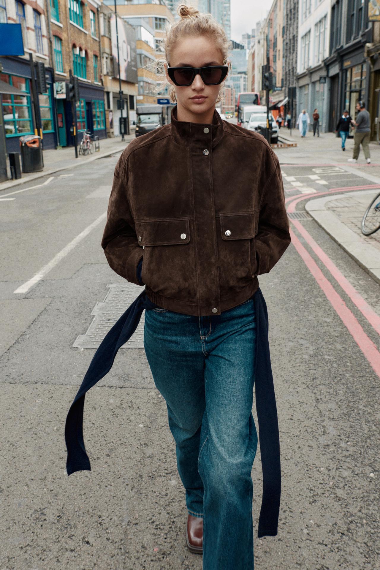 Suede Leather Bomber Jacket With Pockets