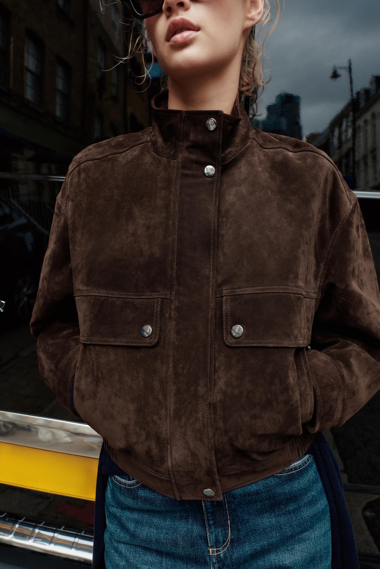 Suede Leather Bomber Jacket With Pockets