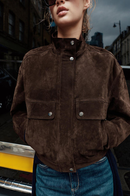 Suede Leather Bomber Jacket With Pockets