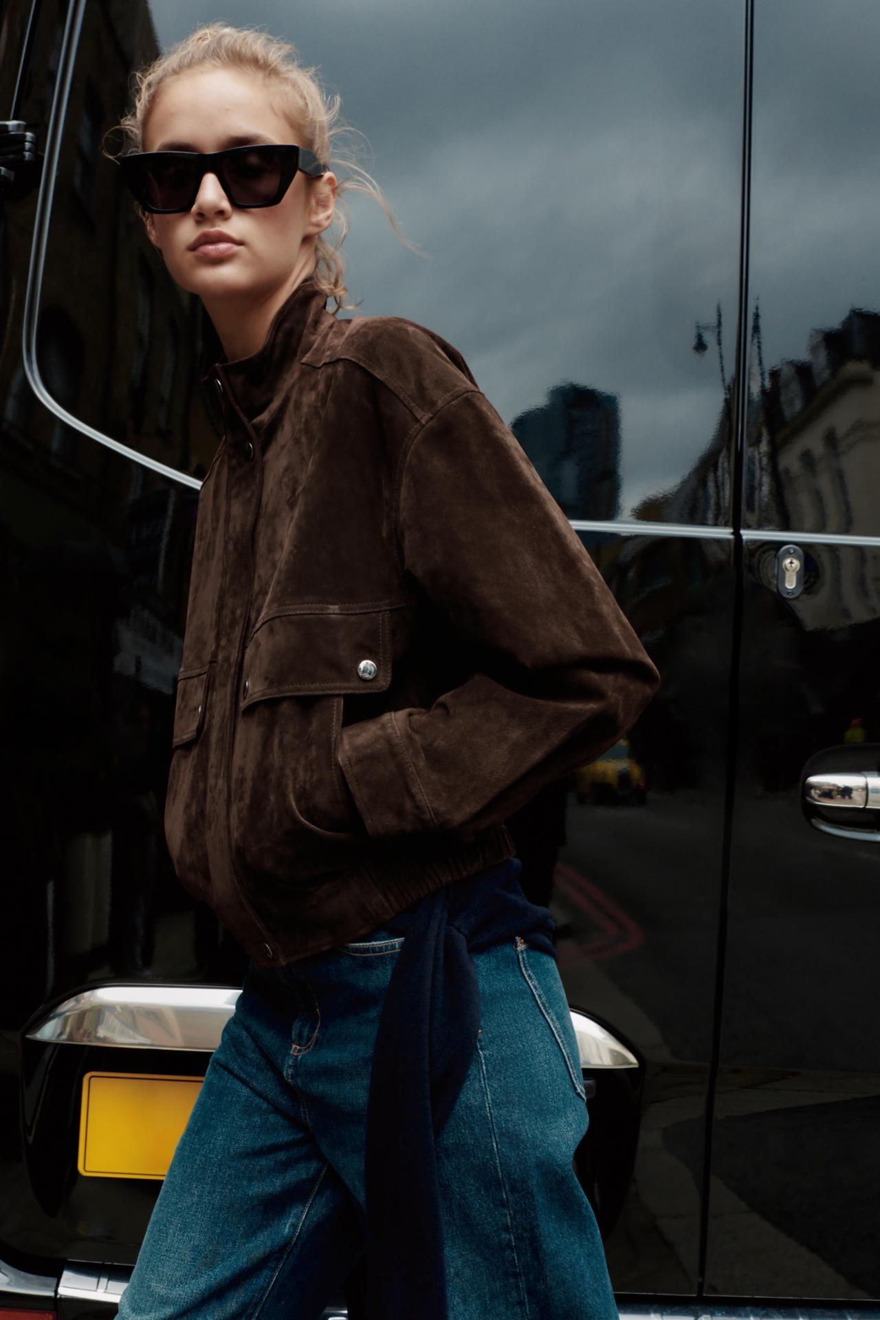 Suede Leather Bomber Jacket With Pockets