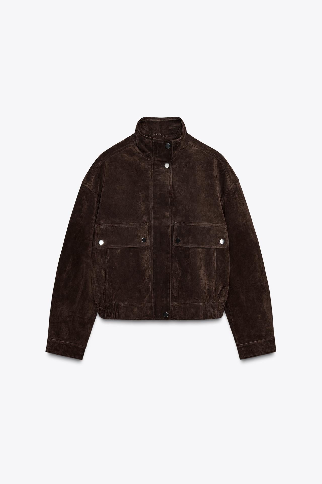 Suede Leather Bomber Jacket With Pockets