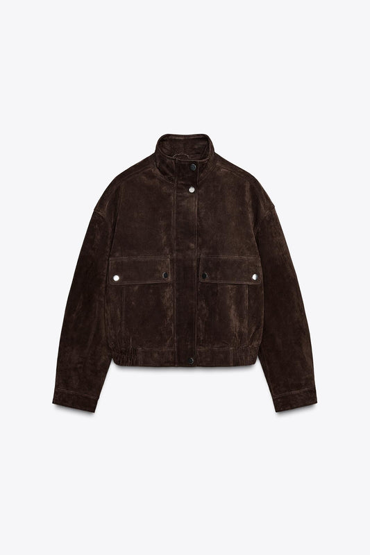 Suede Leather Bomber Jacket With Pockets