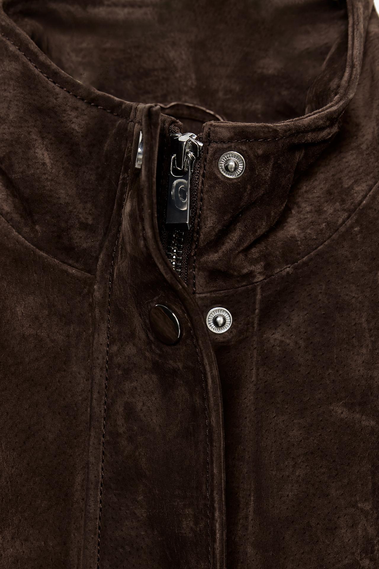 Suede Leather Bomber Jacket With Pockets