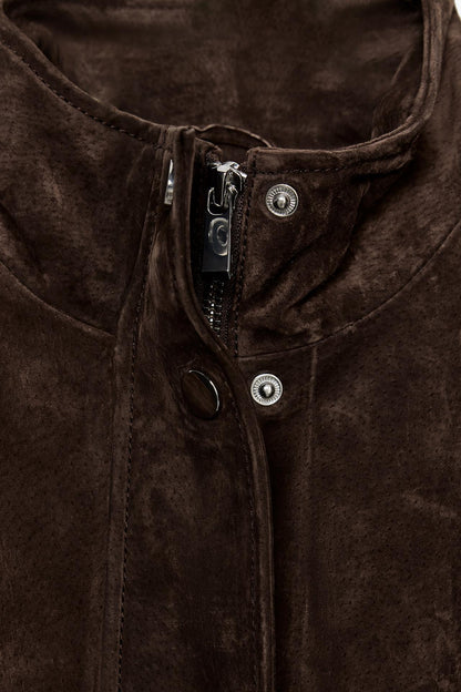 Suede Leather Bomber Jacket With Pockets