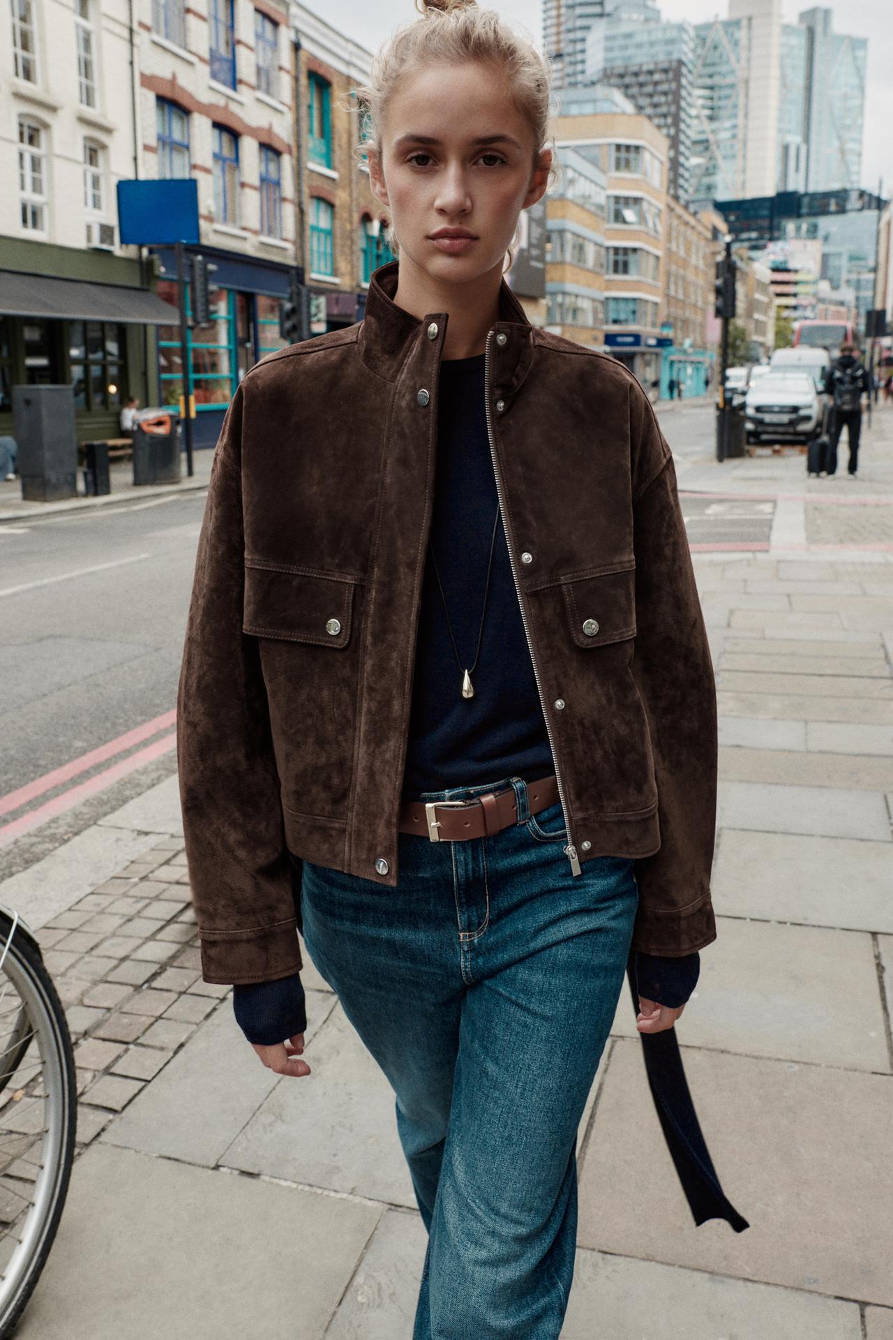 Suede Leather Bomber Jacket With Pockets