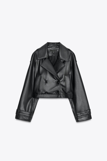 Faux Leather Short Trench Coat