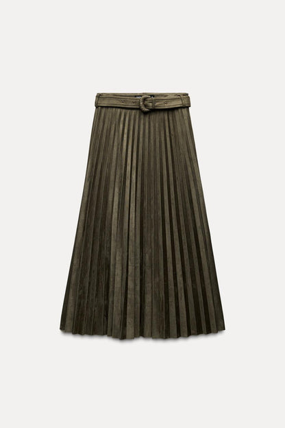 Pleated faux suede midi skirt