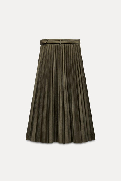 Pleated faux suede midi skirt