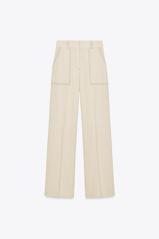 Linen Blend Straight-Leg Trousers with Topstitching