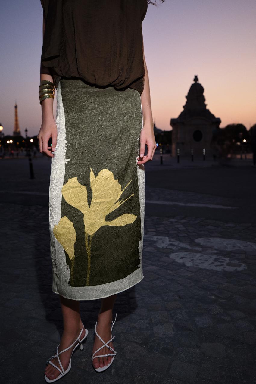 Creased-Effect Print Midi Skirt