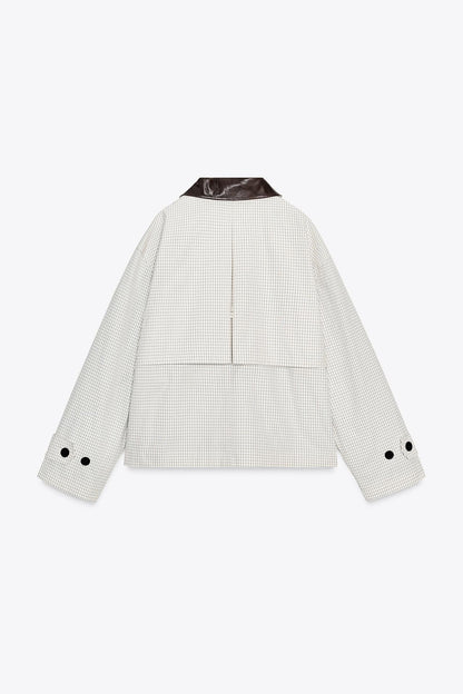 Leather Effect Collar Short Trench Coat Jacket