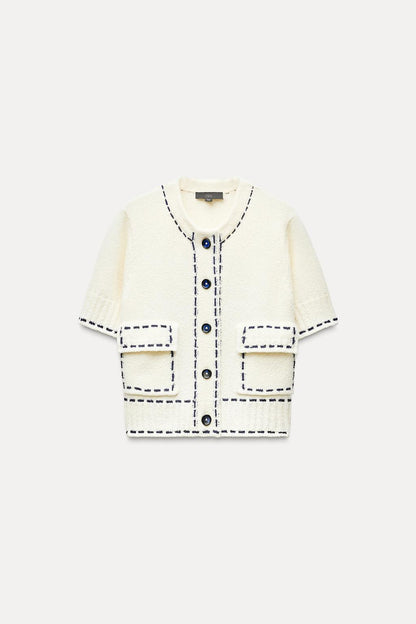 Short-sleeve stitched knit jacket