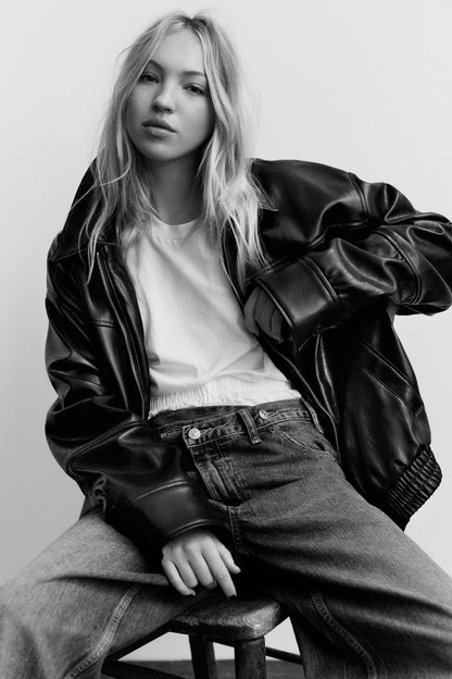 Leather-effect bomber jacket