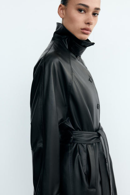 Faux leather trench coat