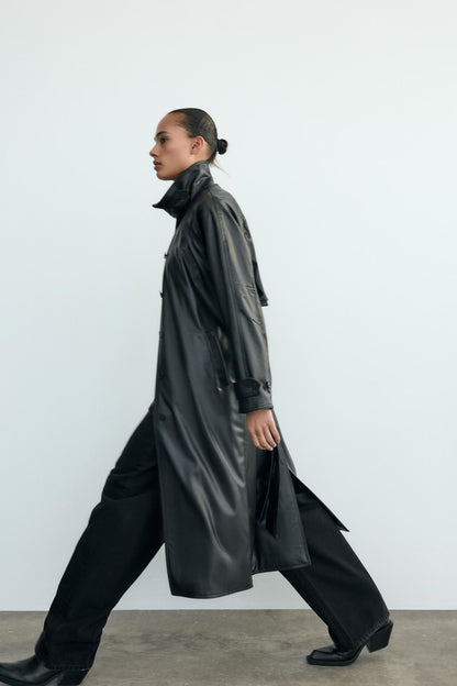 Faux leather trench coat