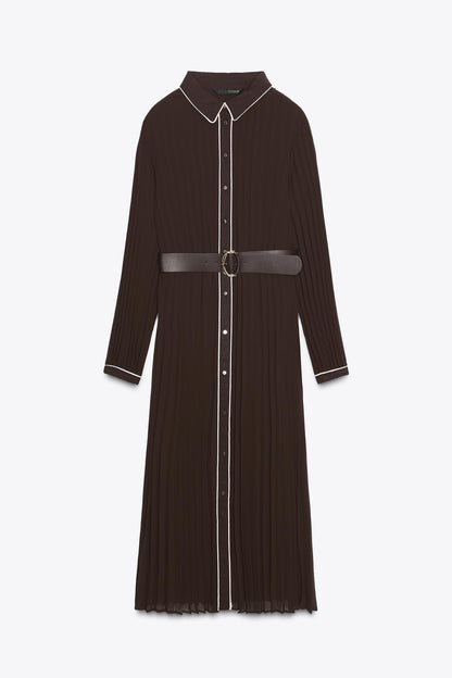 Belted Pleated Midi Dress