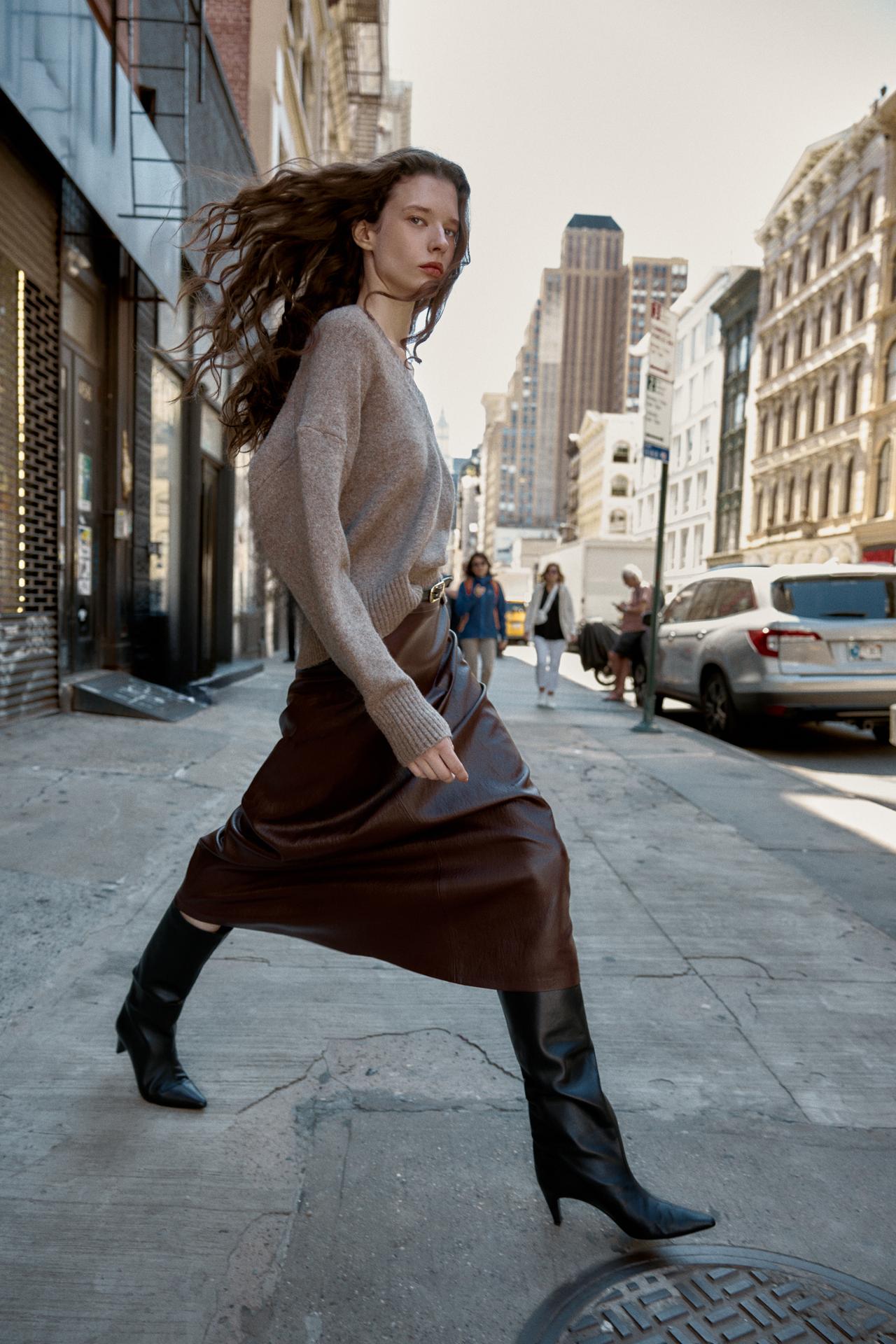 Faux Leather Midi Skirt With Belt