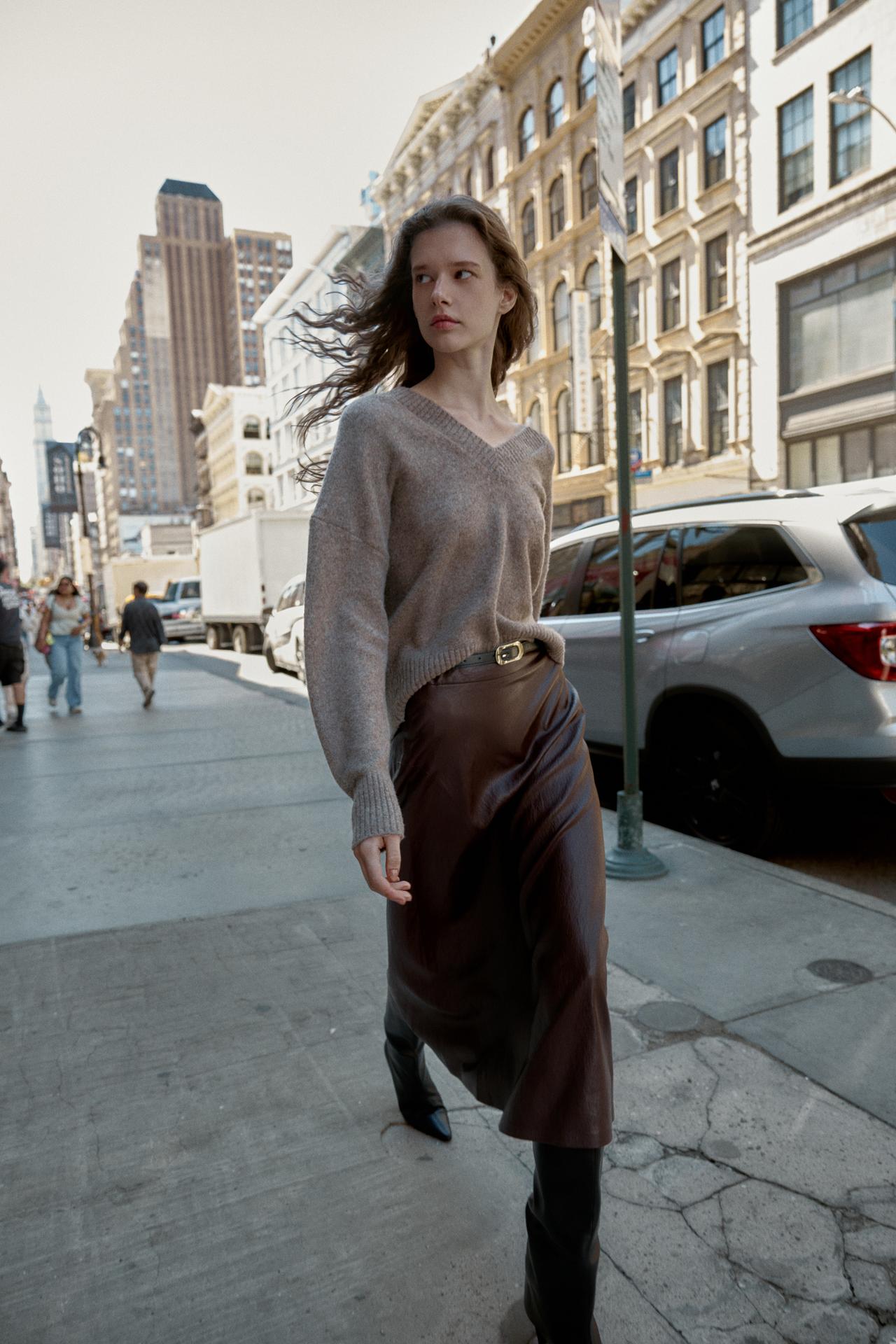 Faux Leather Midi Skirt With Belt