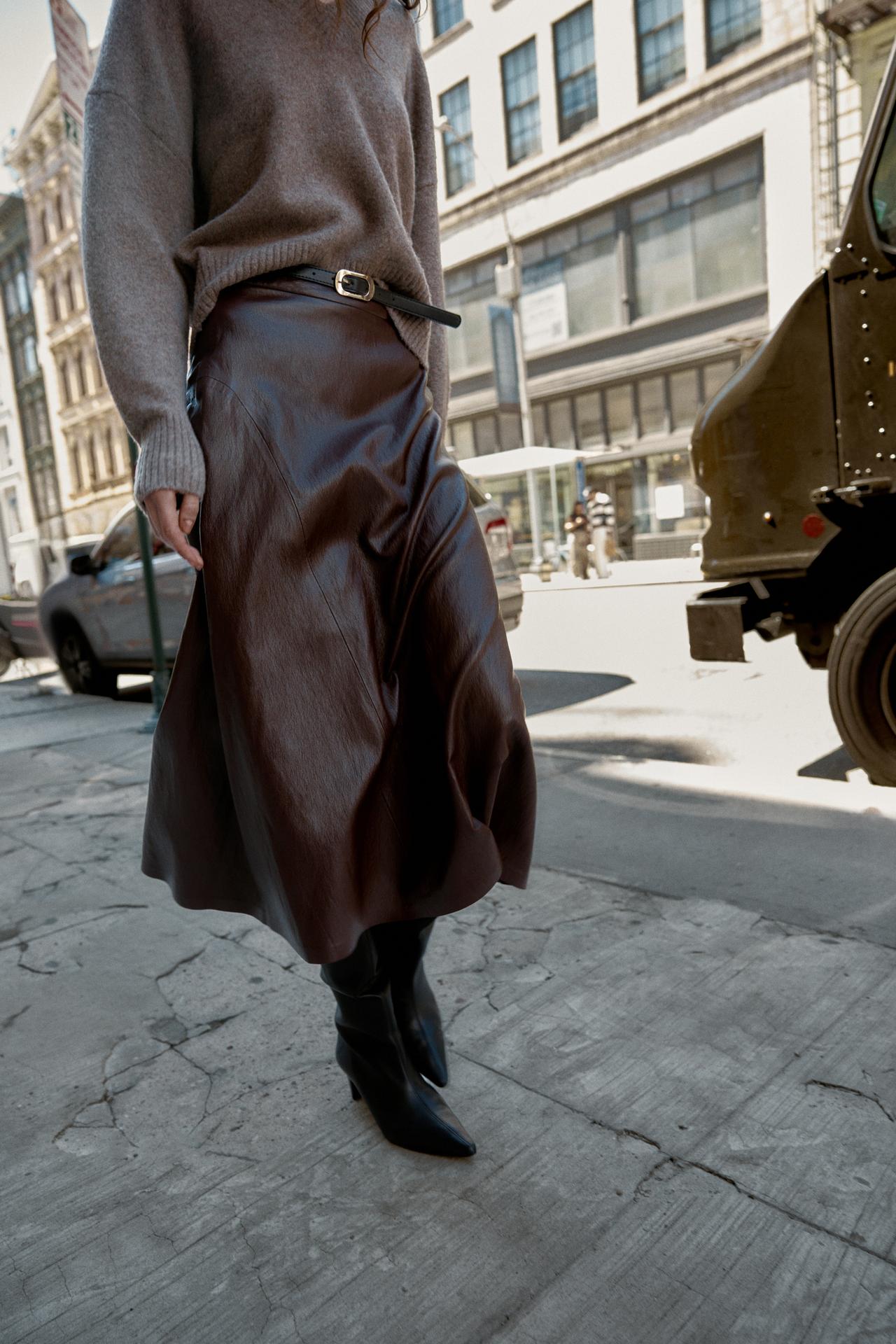 Faux Leather Midi Skirt With Belt