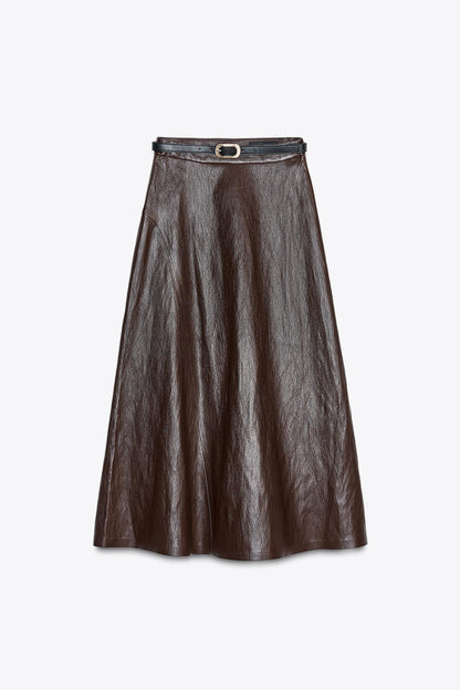 Faux Leather Midi Skirt With Belt