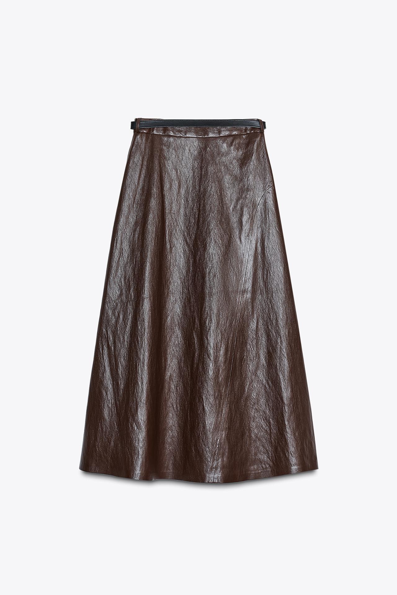 Faux Leather Midi Skirt With Belt