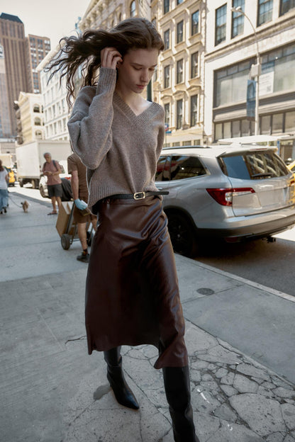Faux Leather Midi Skirt With Belt