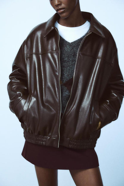 Leather-effect bomber jacket