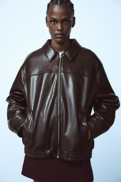 Leather-effect bomber jacket