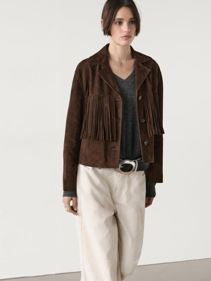 Suede jacket with leather fringing